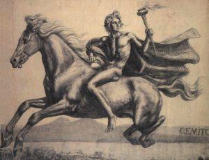 Alejandro Magno cabalgando su corcel Bucéfalo.